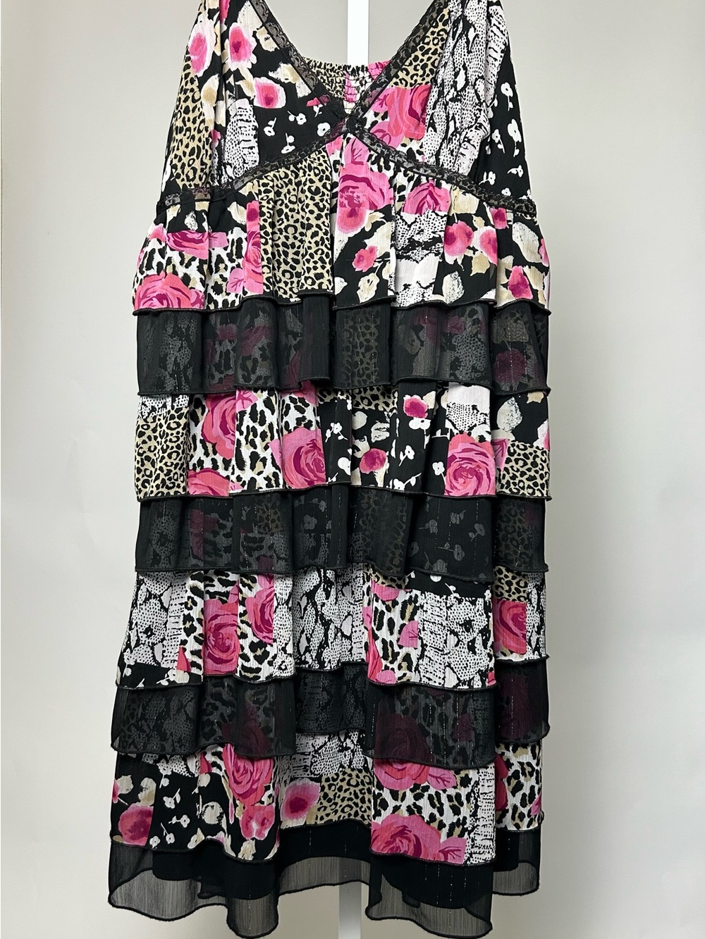 Express Black & Pink Mixed Floral Leopard Tiered Camisole